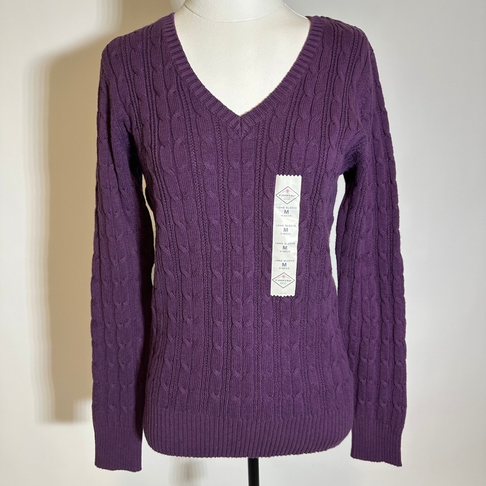 NWOT St. John's Bay Purple Cable Knit V-Neck Sweater Womens Size Medium M Preppy